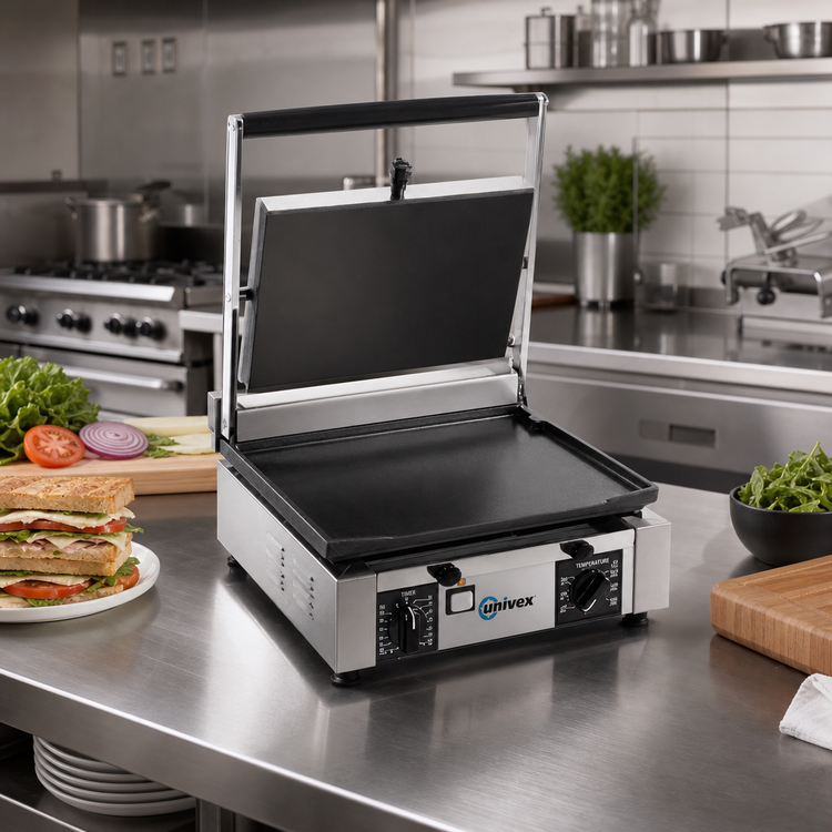 Product image #2 for Univex Electric Single Countertop Panini Press with Smooth Cast Iron Plates and Built-In Timer