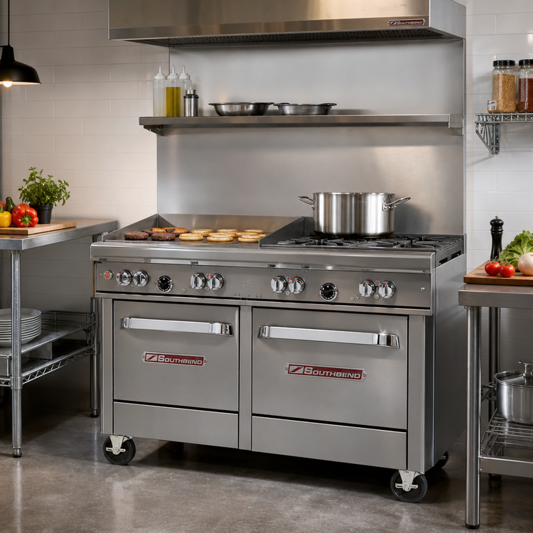 Product image #2 for Southbend Ultimate 48-Inch Gas Restaurant Range with 36-Inch Thermostatic Griddle and 2 Space Saver Ovens
