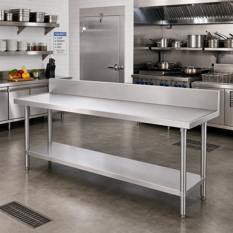 Product image #2 for Advance Tabco 84 Inch x 30 Inch 14 Gauge 304 Stainless Steel Work Table with 10 Inch Backsplash and Undershelf