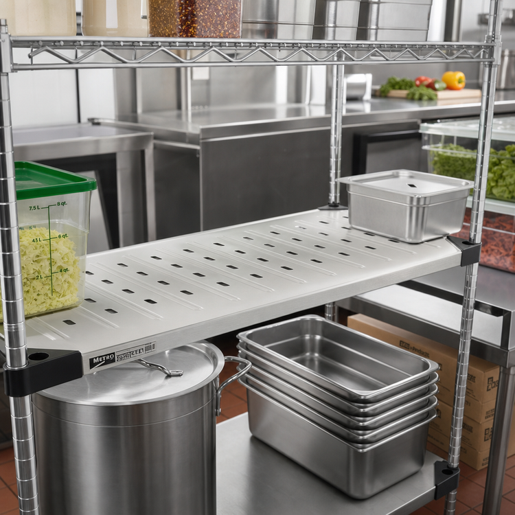 Product image #2 for Metro Super Erecta 60 x 14 Inch Type 304 Stainless Steel Louvered/Embossed Shelf with Raised Ship's Edge