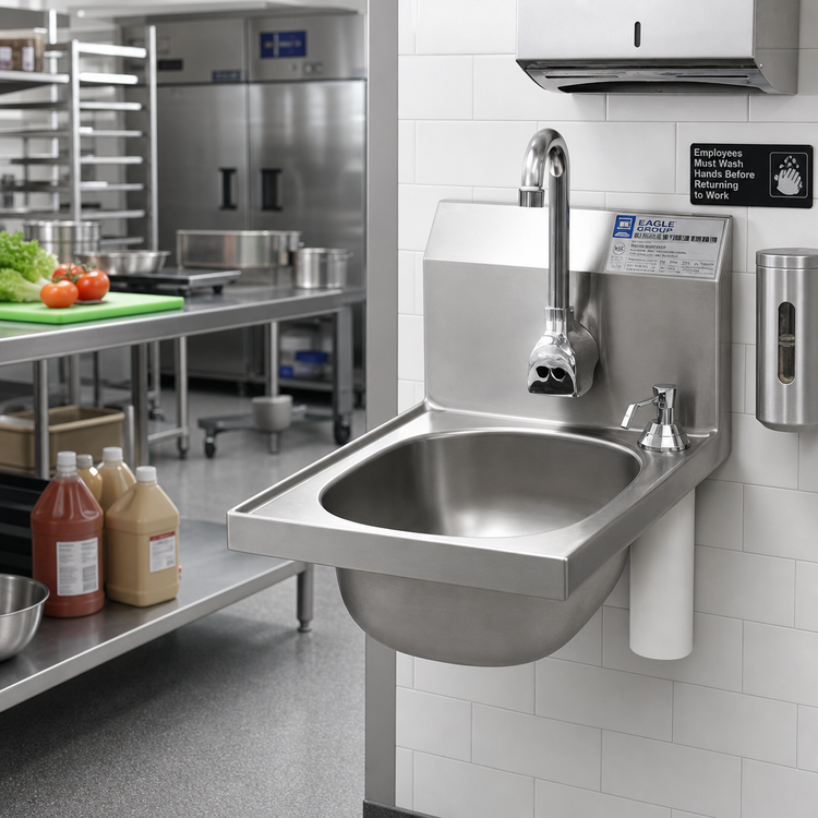 Product image #2 for Eagle Group Wall-Mounted 304 Stainless Steel Hand Sink with Battery-Powered Electronic Faucet, Basket Drain, and Soap Dispenser