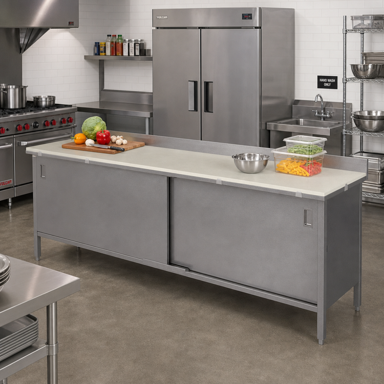 Product image #2 for John Boos Cabinet Base Poly Top Work Table with Sliding Doors, 144 x 30 Inches, Stainless Steel Top and Reversible 3/4 Inch Poly Surface