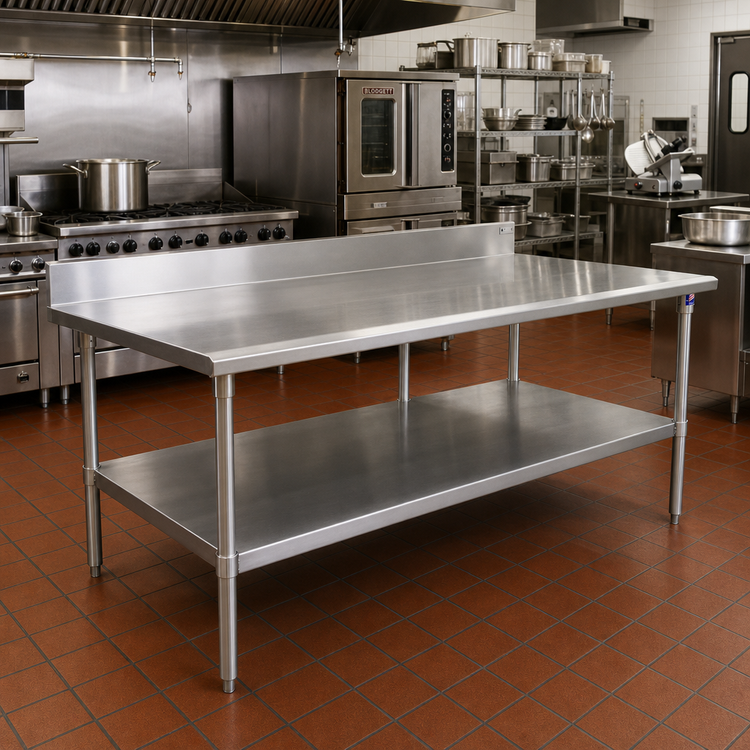 Product image #2 for John Boos Stallion 108" x 36" Stainless Steel Work Table with 5" Backsplash, Safety Edge and Undershelf
