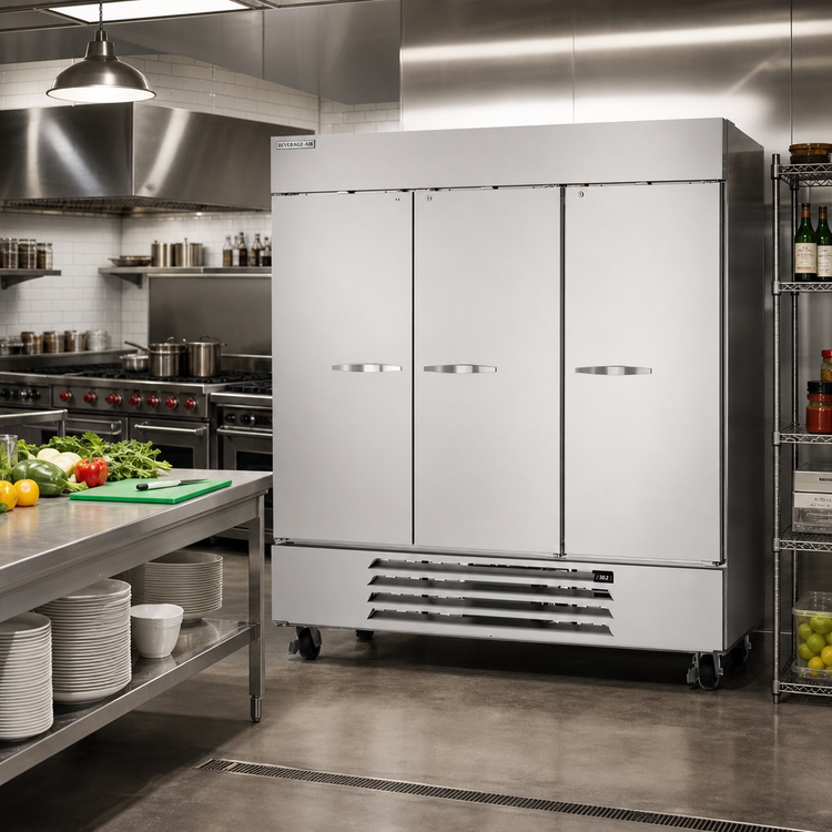 Product image #3 for Beverage Air Horizon Series Three-Section Reach-In Refrigerator, 70.19 Cu. Ft., Solid Doors, Bottom-Mounted Self-Contained, Stainless Steel