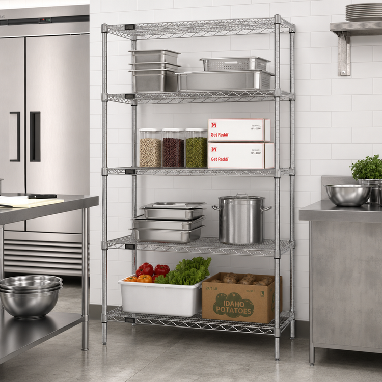 Product image #2 for Quantum 4-Shelf Stationary Wire Shelving Starter Kit, 24"W x 21"D x 86"H, 304 Stainless Steel