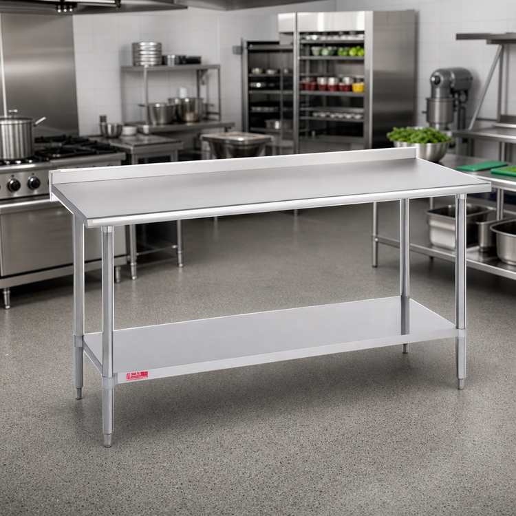 Product image #2 for Duke 108-Inch 14-Gauge 300-Series Stainless Steel Work Table with 1-1/8-Inch Straight Riser and Galvanized Undershelf
