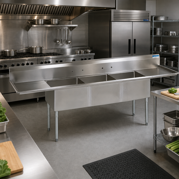 Product image #2 for BK Resources Three-Compartment Stainless Steel Sink with Dual Drainboards, 120-Inch Overall Length
