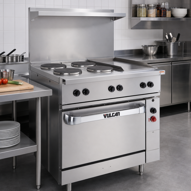 Product image #3 for Vulcan 36-Inch Electric Restaurant Range with 4 French Hotplates, 12-Inch Griddle, and Oversized Oven