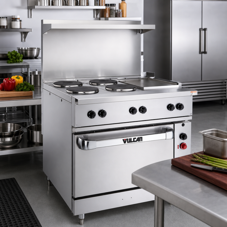 Product image #3 for Vulcan 36-Inch Electric Restaurant Range with 4 French Hotplates, 12-Inch Griddle, and Oversized Oven
