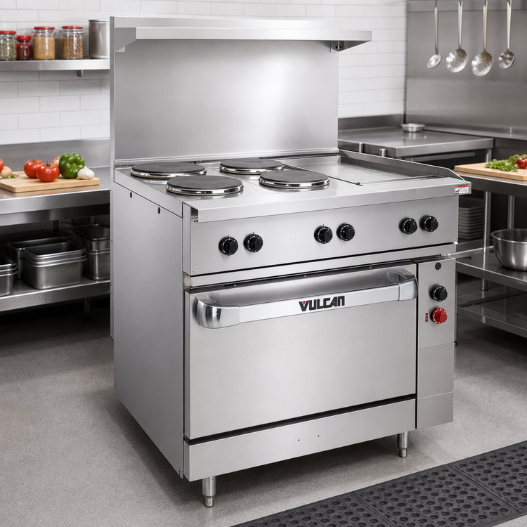 Product image #3 for Vulcan 36-Inch Electric Restaurant Range with 4 French Hotplates, 12-Inch Griddle, and Oversized Oven
