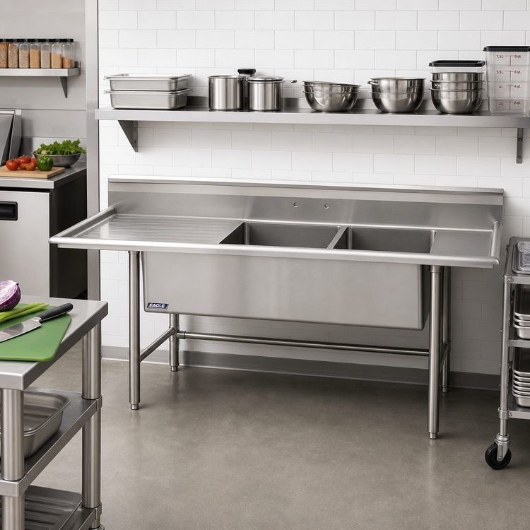 Product image #2 for Eagle Group S14 Series 2-Compartment Stainless Steel Sink With Left Drainboard, 67-1/2 Inch W x 27 Inch D