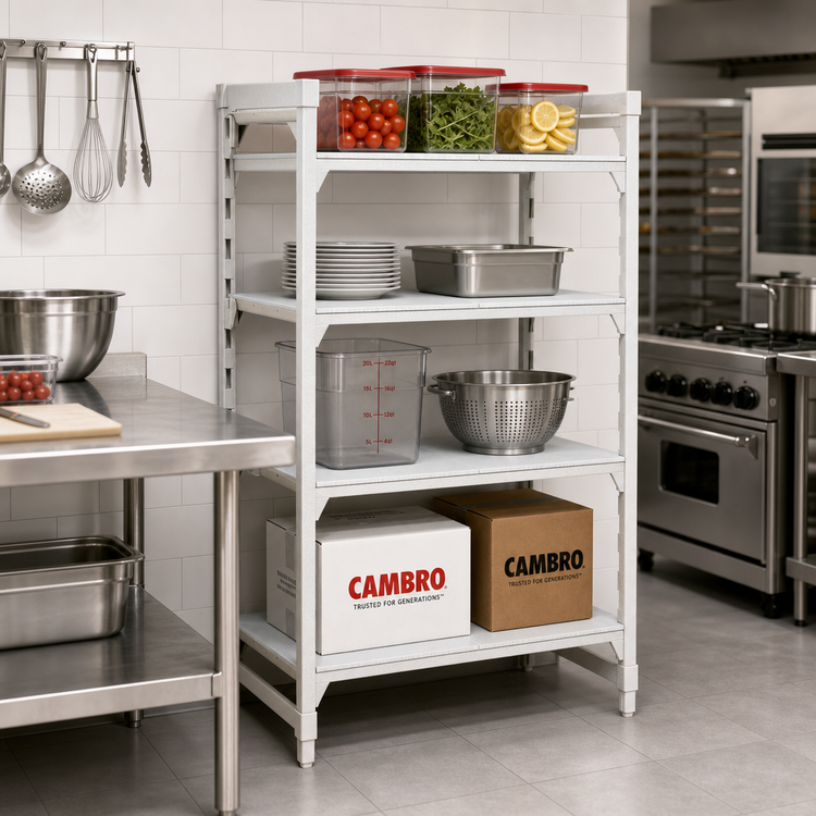 Product image #3 for Cambro Camshelving Premium 4-Tier Solid Stationary Shelving Starter Unit, 24" W x 36" L x 64" H, Speckled Gray