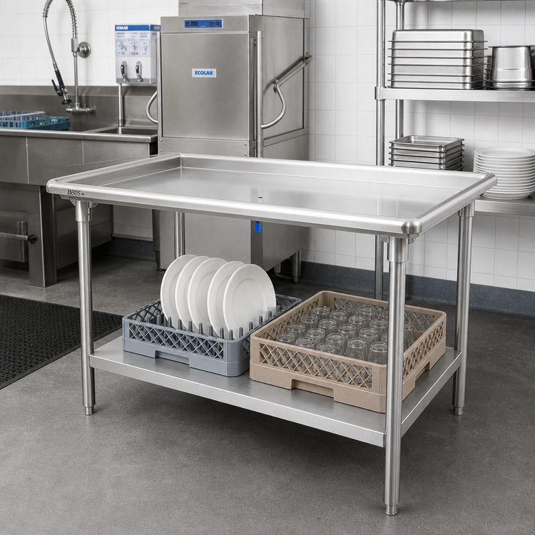 Product image #2 for John Boos 72-7/8 Inch x 30-3/8 Inch 16-Gauge Stainless Steel Dish Sorting Table with Raised Edge and Undershelf