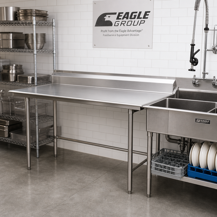 Product image #2 for Eagle Group Straight Clean Dishtable with 8-Inch Backsplash, 72 x 30 Inches, Left-to-Right, 16-Gauge 430 Stainless Steel Top