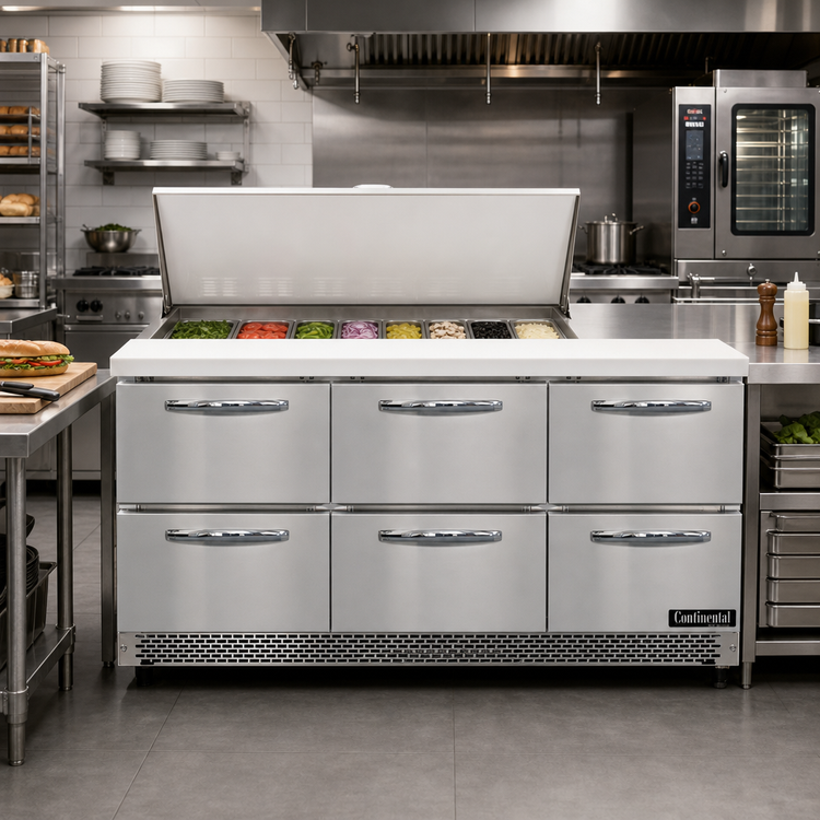 Product image #2 for Continental Refrigerator Mighty Top SW72N18M-FB-D 72" 3-Section 18-Pan Refrigerated Sandwich Prep Table with Drawers and Front Breather