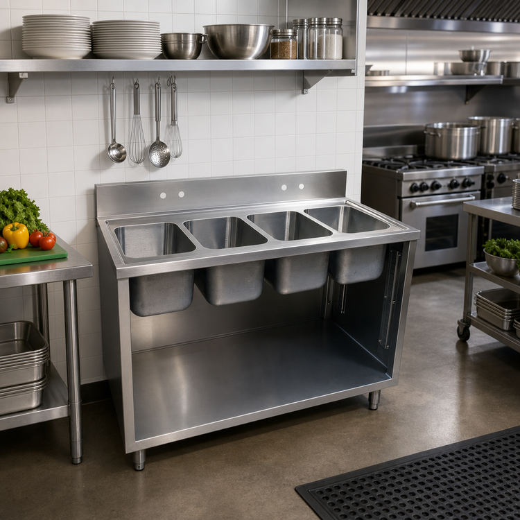 Product image #2 for 4-Compartment Stainless Steel Sink Cabinet, Open Front, 48 x 24 Inches