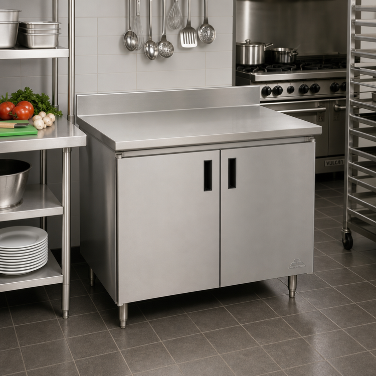 Product image #2 for Advance Tabco Special Value Economy Enclosed Work Table with Cabinet Base and Hinged Doors, 48 Inches W x 30 Inches D, 16-Gauge 304 Stainless Steel Top, 5-Inch Backsplash