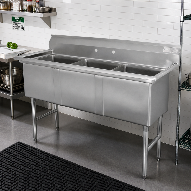 Product image #2 for Advance Tabco 3-Compartment Fabricated Stainless Steel Sink with Legs, 95-Inch Long, 30 x 24 x 14-Inch Bowls
