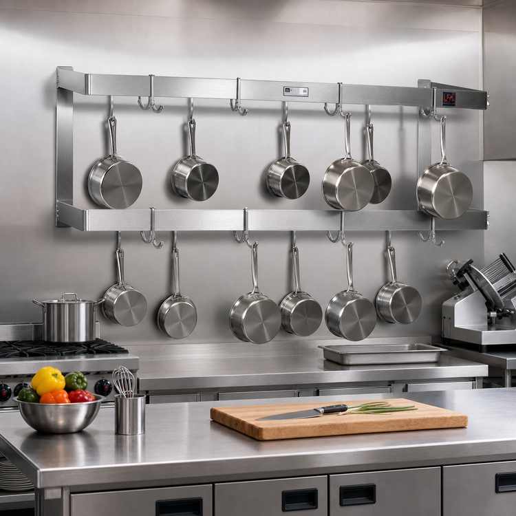 Product image #2 for Wall-Mount Double-Bar Stainless Steel Pot Rack with 10 Double Hooks, 60 Inch