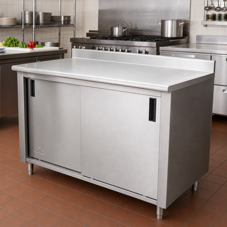 Product image #2 for Advance Tabco 96" x 30" Enclosed Work Table with Cabinet Base, Mid-Shelf, Sliding Doors, 14-Gauge 304 Stainless Steel Top and 1-1/2" Rear Up-Turn