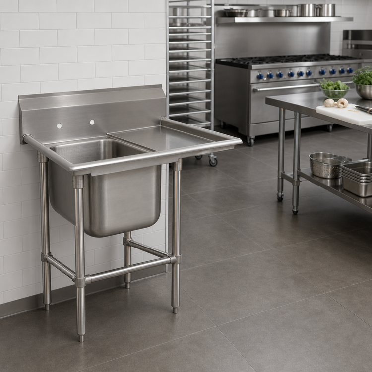 Product image #2 for Advance Tabco Regaline 1-Compartment Sink with Right-Hand Drainboard, 24" x 24" Bowl, 14-Gauge 304 Stainless Steel