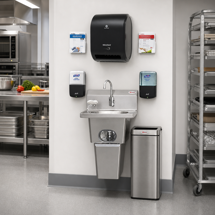 Product image #2 for Eagle Group MicroGard Touch-Free Wall-Mounted Handwashing System with Sink, Faucet, Soap, Sanitizer, Towel Dispenser and Waste Receptacle