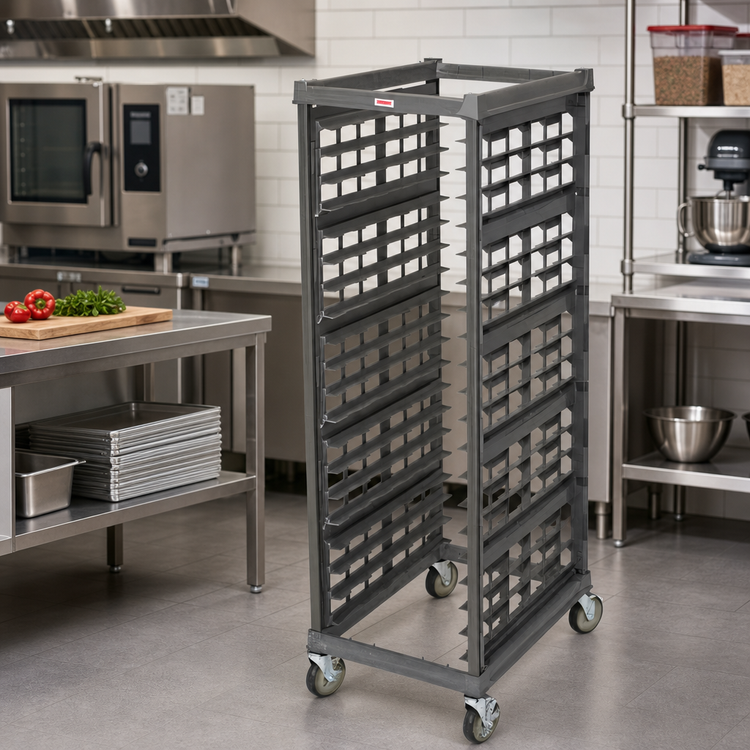 Product image #3 for Cambro Camshelving Ultimate Full-Size Mobile Sheet Pan Rack, 3-Inch Rail Spacing, Plastic Casters, Brushed Graphite