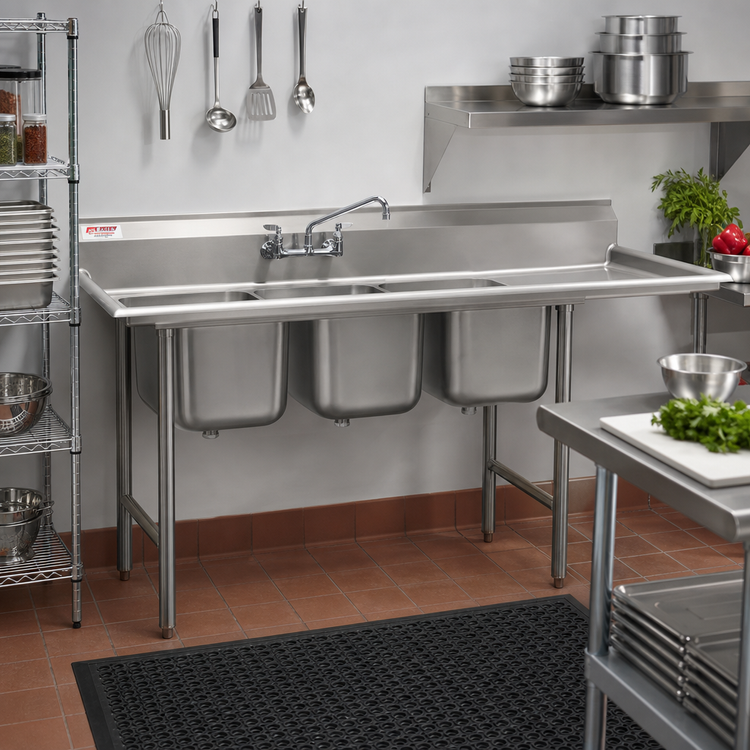 Product image #2 for Eagle Group 414 Series Coved Corner Three-Compartment Sink with Right 24-Inch Drainboard, 86-3/4-Inch Wide