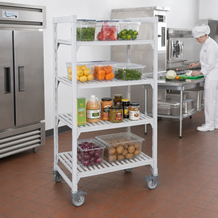 Product image #3 for Cambro Camshelving Premium 21-Inch Deep x 36-Inch Wide x 75-1/4-Inch High 4-Tier Vented Mobile Starter Shelving Unit, Speckled Gray