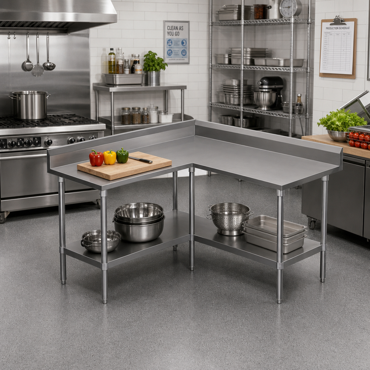 Product image #2 for John Boos L-Shaped Stainless Steel Corner Work Table with 5-Inch Backsplash and Adjustable Undershelf