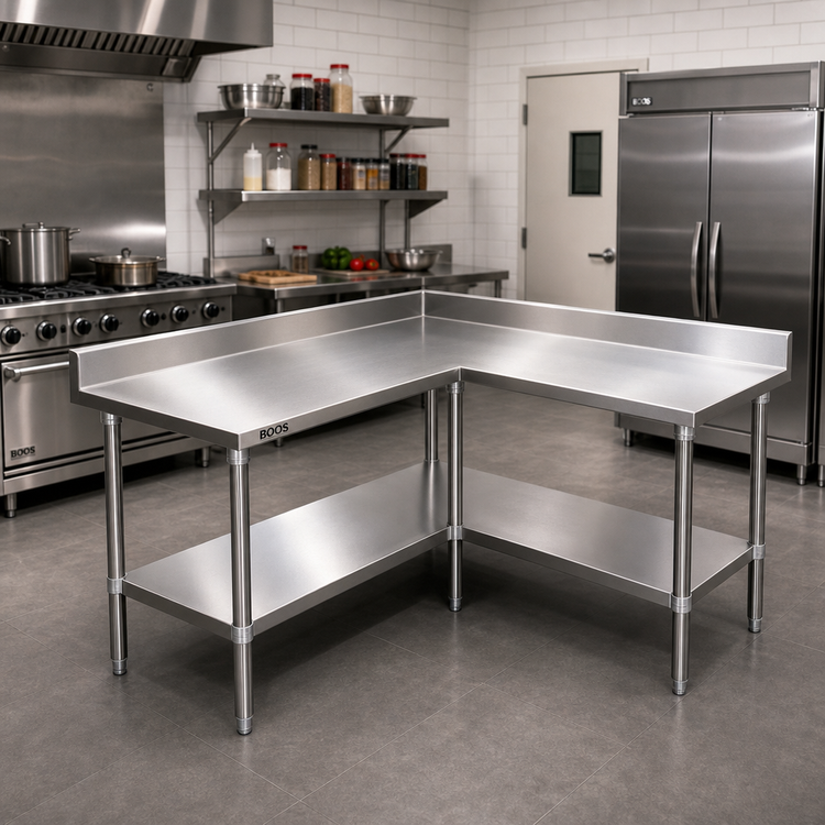 Product image #2 for John Boos L-Shaped Stainless Steel Corner Work Table with 5-Inch Backsplash and Adjustable Undershelf