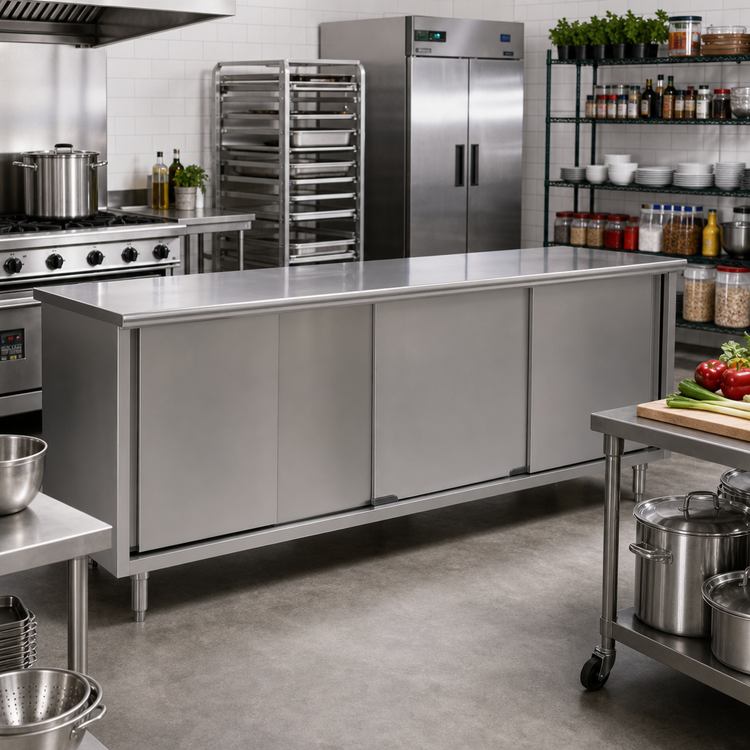 Product image #2 for Eagle Group Spec-Master 120-Inch x 24-Inch Enclosed Work Table with Sliding Doors, 14-Gauge 304 Stainless Steel Top
