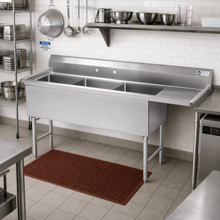Product image #2 for 105-Inch 3-Compartment Fabricated Sink with Right Drainboard, 14-Gauge 304 Stainless Steel