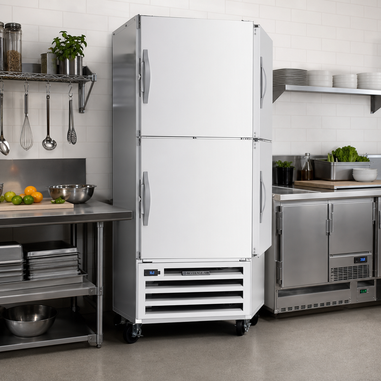 Product image #2 for Beverage-Air 1-Section Pass-Thru Reach-In Refrigerator with 4 Solid Half Doors, Bottom-Mounted, 18.38 Cu. Ft.