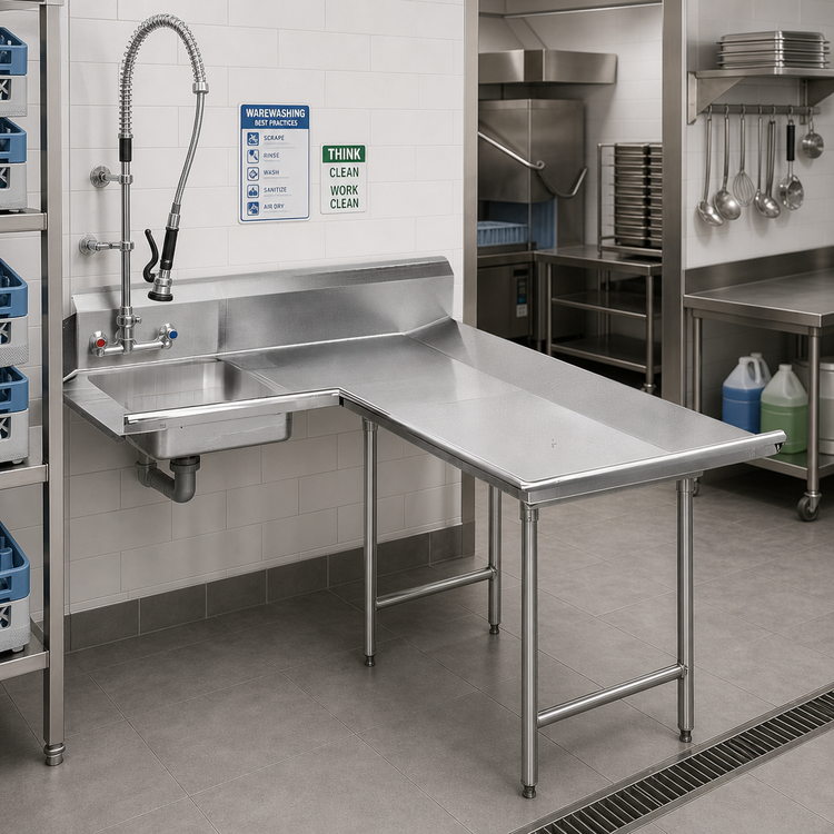 Product image #2 for Advance Tabco Right-Hand L-Shaped Corner Dish Table with Landing and Pre-Rinse Sink, 59 Inch, 14-Gauge 304 Stainless Steel