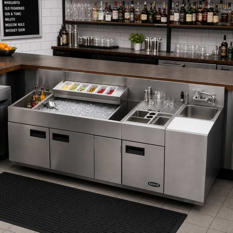 Product image #2 for Krowne Royal Series 64-Inch Stainless Steel Underbar Workstation with Ice Bin, Dump Sink, and Cabinet Below