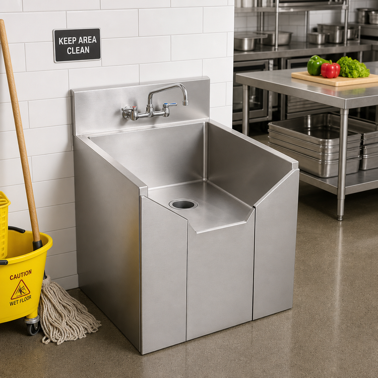 Product image #2 for Advance Tabco Drop Front Floor-Mounted Stainless Steel Mop Sink with 24 x 24 x 12-Inch Bowl and 2-Inch IPS Outlet