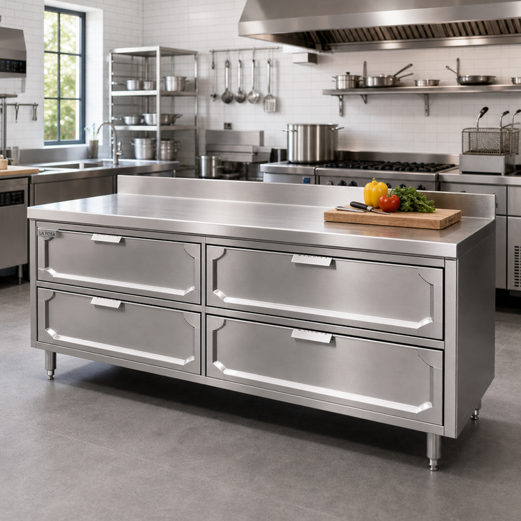 Product image #2 for La Rosa Refrigeration 96-Inch x 28-Inch Stainless Steel Dry-Drawer Utility Stand Base with 4 Drawers