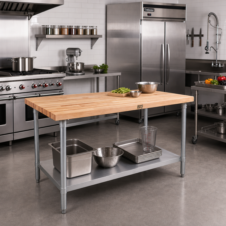 Product image #2 for John Boos 36 Inch x 24 Inch Northern Hard Rock Maple Wood Top Work Table with Adjustable Undershelf and Galvanized Legs