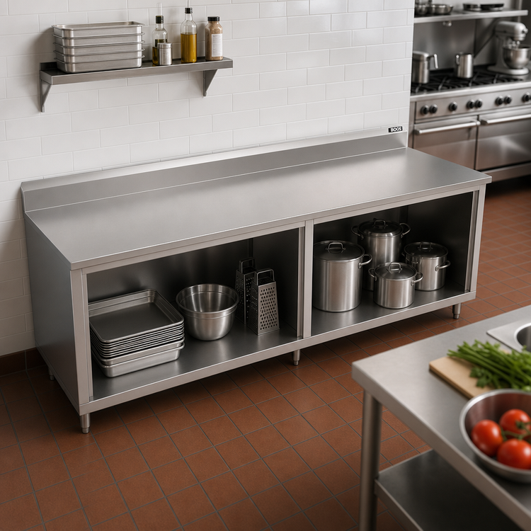 Product image #2 for John Boos 108-Inch x 24-Inch Stainless Steel Work Table with Open Front Cabinet Base and 5-Inch Backsplash