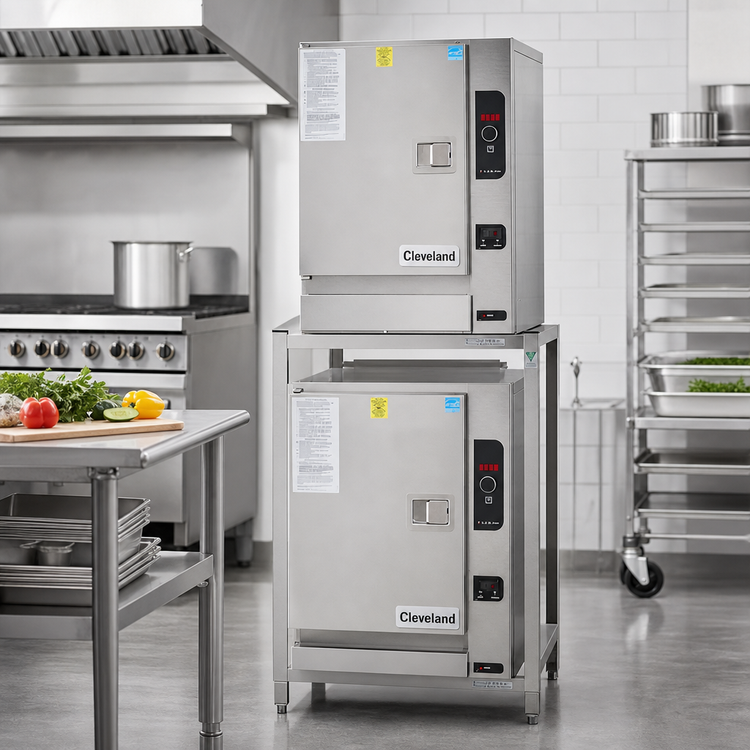 Product image #2 for Cleveland SteamChef 6 Double-Stacked Boilerless Gas Convection Steamer with Equipment Stand