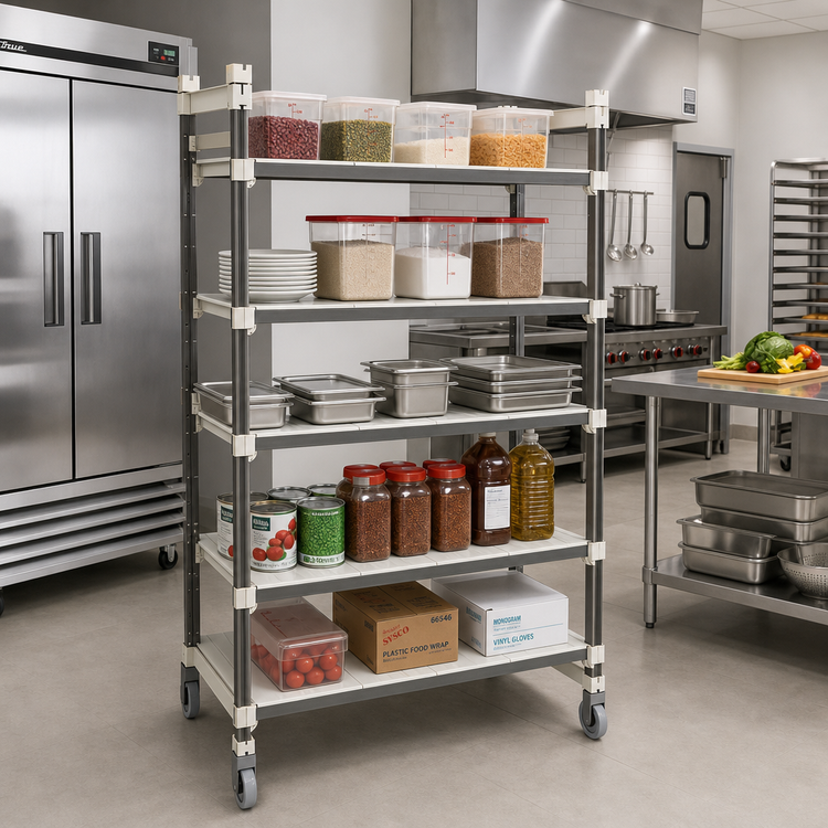 Product image #2 for Cambro Camshelving Elements XTRA High Density Top Rail Mobile Starter Track Shelving Unit, 24 x 48 x 80 Inches, 5-Tier