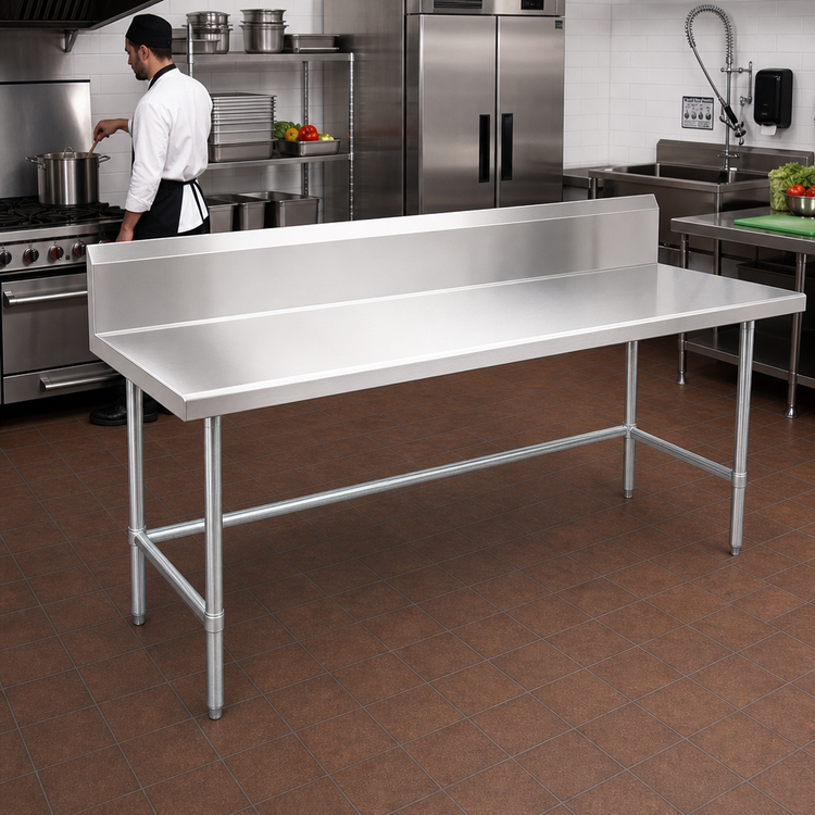 Product image #2 for Advance Tabco 108-Inch x 36-Inch 14 Gauge 304 Stainless Steel Work Table with No-Drip Edge and 10-Inch Backsplash, Galvanized Open Base