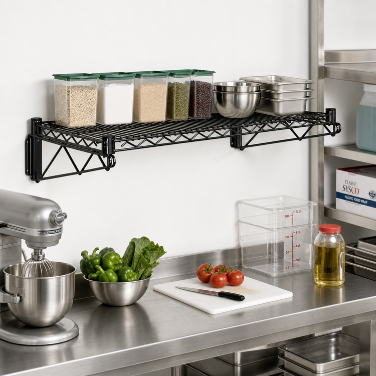 Product image #2 for Quantum Wall-Mounted Cantilever Single Wire Shelf Unit, 48 x 18 Inch, Black Epoxy Antimicrobial Finish