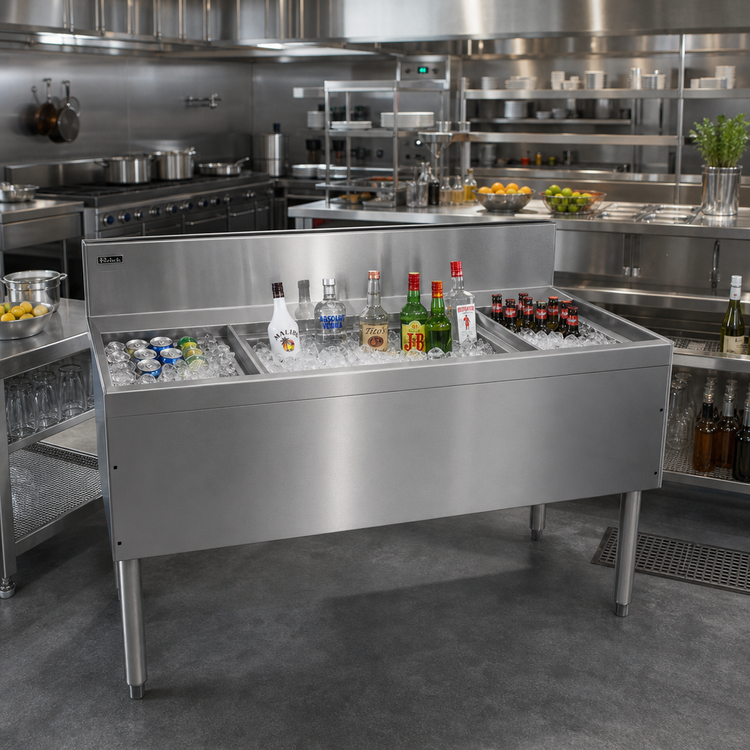 Product image #2 for Prestige 48-Inch Stainless Steel Bar Ice Chest with 10-Circuit Cold Plate and Bottle Racks