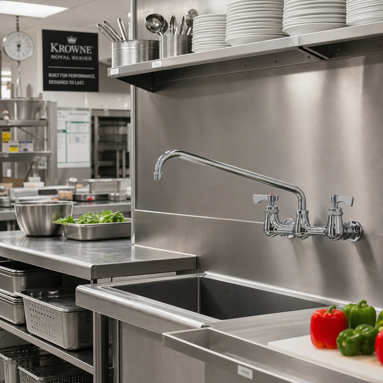 Product image #2 for Krowne Royal Series Splash-Mounted Low-Lead Commercial Faucet with 16-Inch Swing Spout, 8-Inch Centers