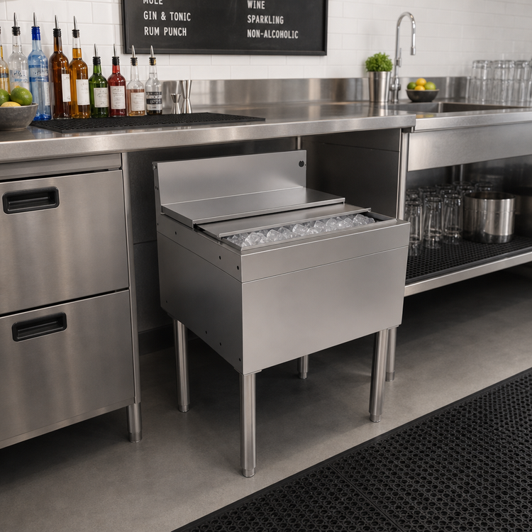 Product image #2 for 24-Inch x 24-Inch Stainless Steel Underbar Ice Bin with Sliding Cover, 85 lb Capacity