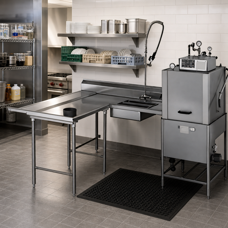 Product image #2 for Eagle Group Island Soiled Dishtable with Dish Landing Shelf and Pre-Rinse Sink, Right-to-Left, 72" Machine-to-Corner x 60" Corner-to-End