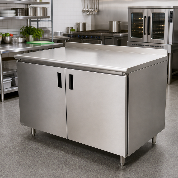 Product image #2 for Advance Tabco Enclosed Stainless Steel Work Table with Cabinet Base, 144 x 30 in., 14-Gauge Top, 1-1/2 in. Rear Up-Turn
