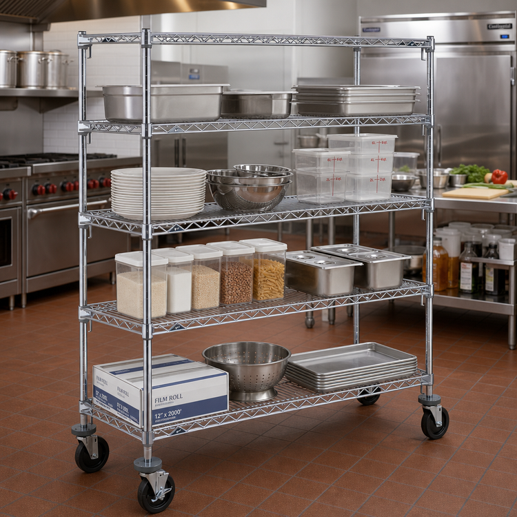 Product image #2 for Metro Super Erecta Super Adjustable 4-Shelf Chrome Wire Stem Caster Cart, 60 x 18